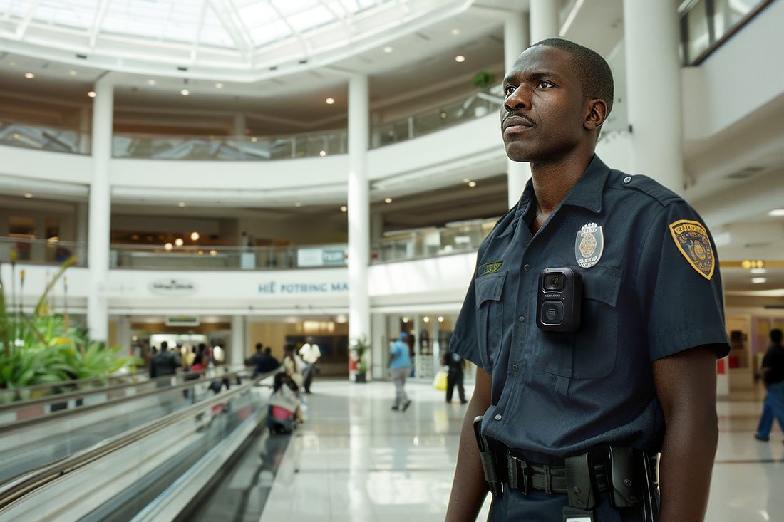 Security officer wearing a KENWOOD body camera in a shopping mall